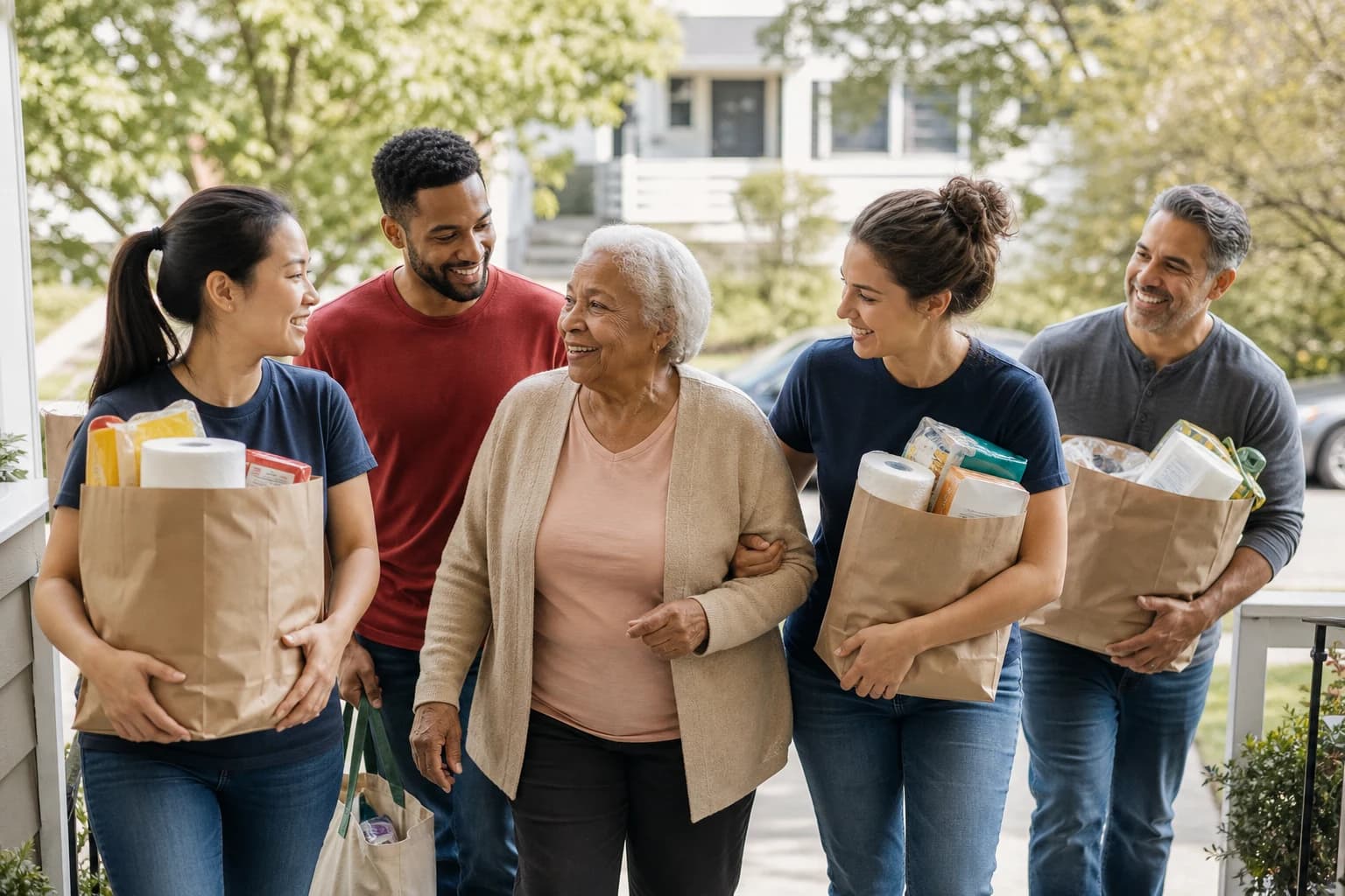Volunteers delivering groceries and household supplies to a neighbor