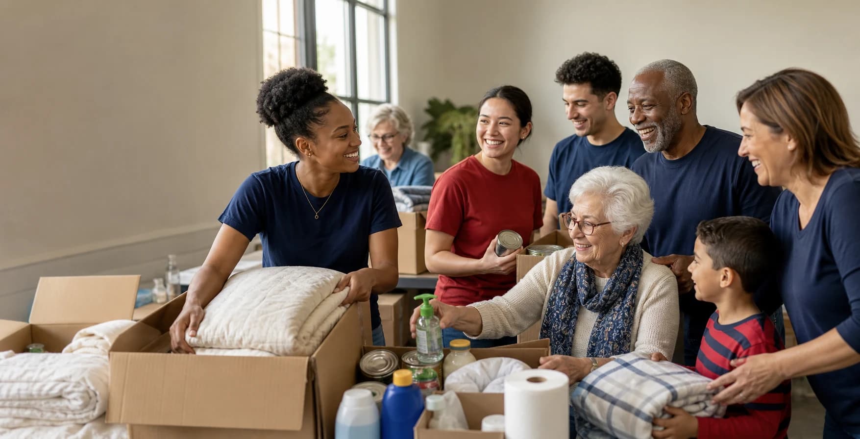 Community volunteers preparing household supplies together