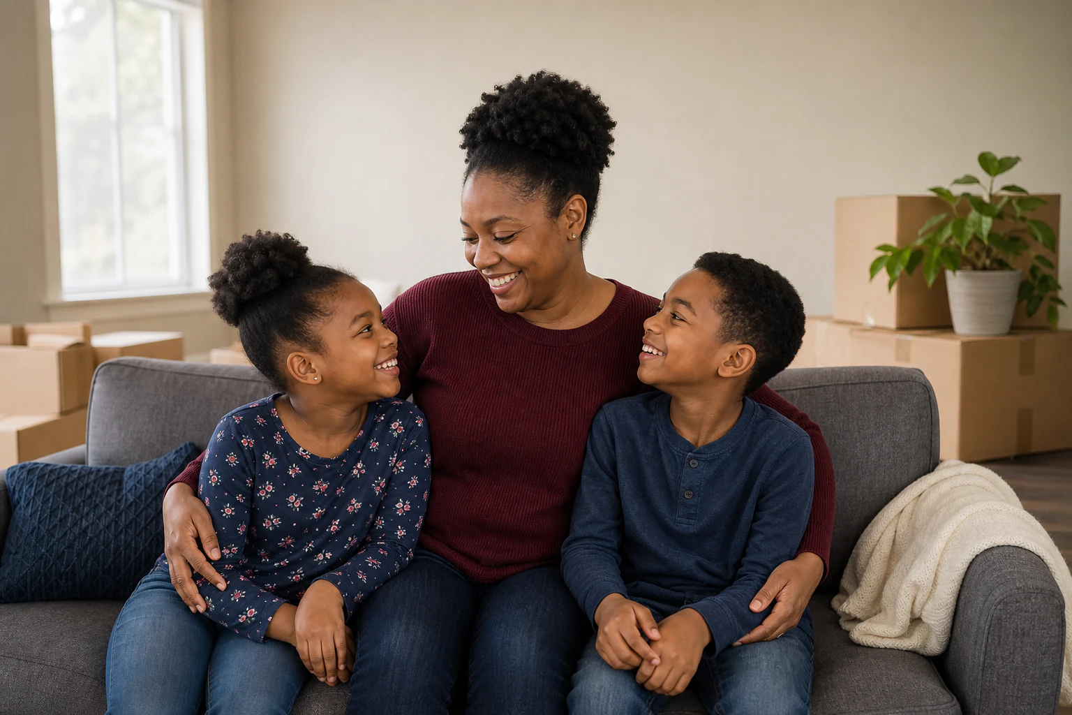Mother and children smiling together in their new home